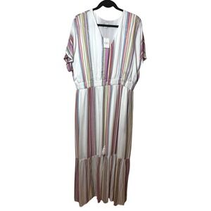 Cato Womens XL Maxi Dress White Multi Stripe Metallic Gold V-Neck Tassel NWT
